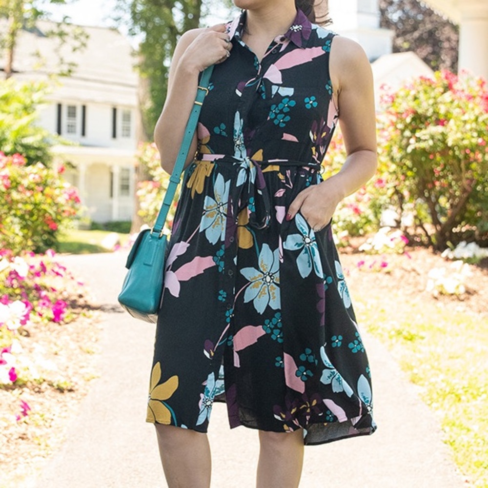 Who What Wear black floral Sleeveless button front midi dress tie belt Size 2X